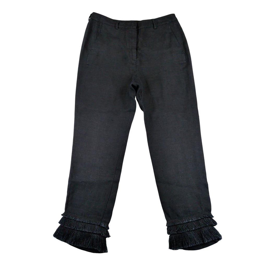 Weekend Max Mara Black 100% Linen Fringe Tassel Hem Cropped Pants Size 10 US